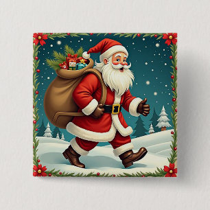 Santa Claus Delivering Gifts Through Snowy Forest 2 Inch Square Button