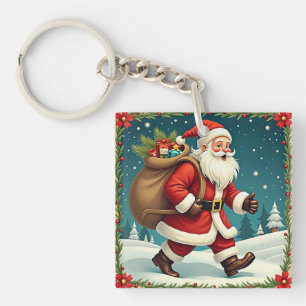 Santa Claus Delivering Gifts Through Snowy Forest Keychain