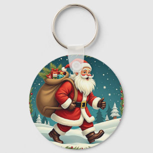 Santa Claus Delivering Gifts Through Snowy Forest Keychain