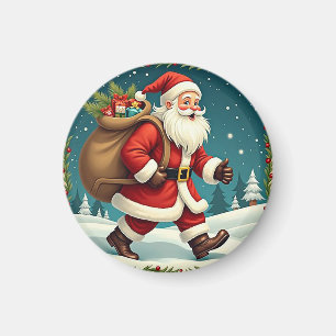 Santa Claus Delivering Gifts Through Snowy Forest Magnet