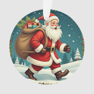 Santa Claus Delivering Gifts Through Snowy Forest Ornament