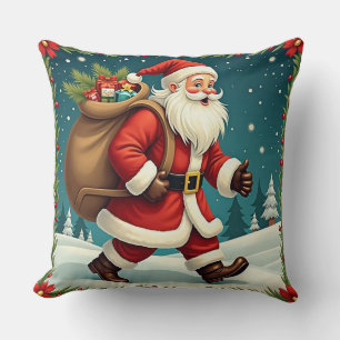 Santa Claus Delivering Gifts Through Snowy Forest Throw Pillow