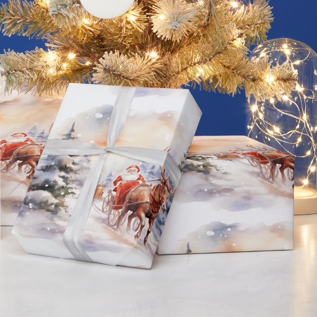 Santa Claus delivers gifts in a snowy wonderland Wrapping Paper (Holidays)