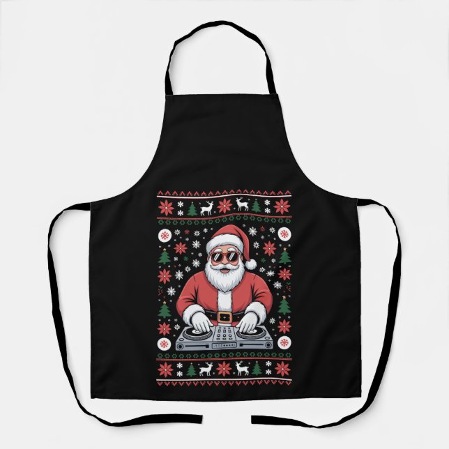 Santa Claus DJ Christmas Ugly Sweater Snowflake Apron (Front)