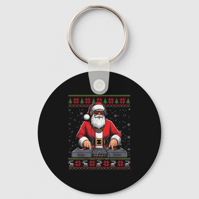 Santa Claus Dj Mixer Music Ugly Christmas Sweater  Keychain (Front)