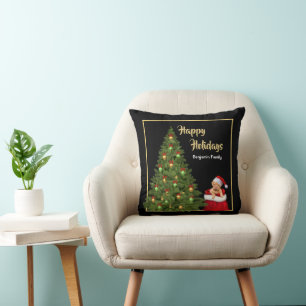Santa Claus Dog Christmas Tree Personalize  Throw Pillow
