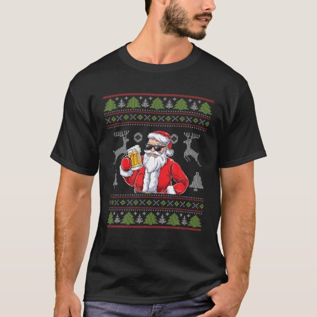 Santa Claus Drinking Beer - Sunglasses Christmas U T-Shirt (Front)