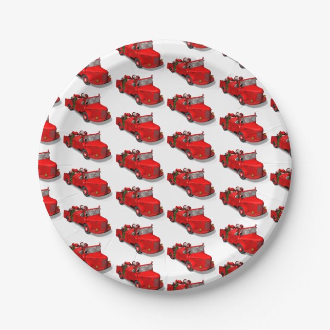 Santa Claus Driving A Fire Engine Paper Plate (Front)