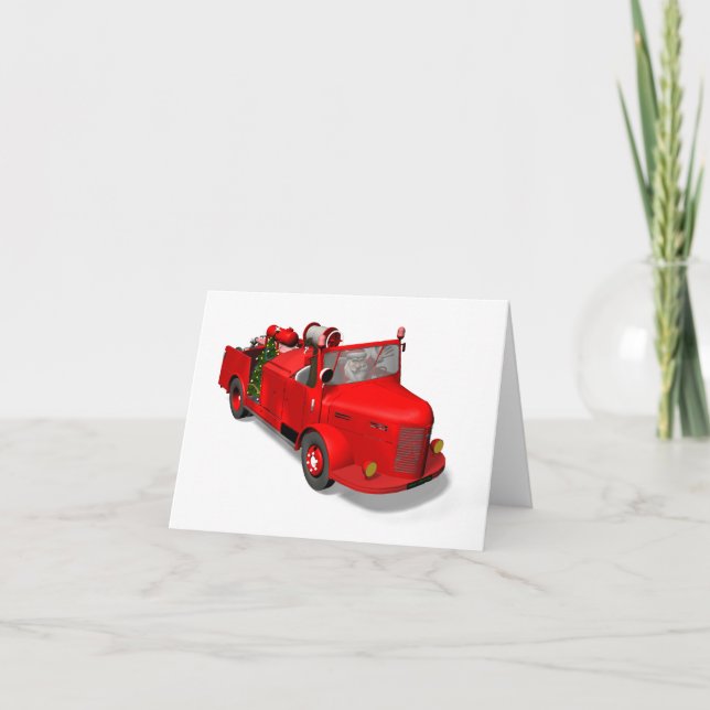 Santa Claus Driving A Fire Truck Holiday Card (Front)