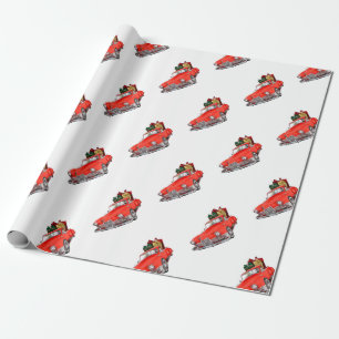 Santa Claus driving a retro car with giftsb Wrapping Paper