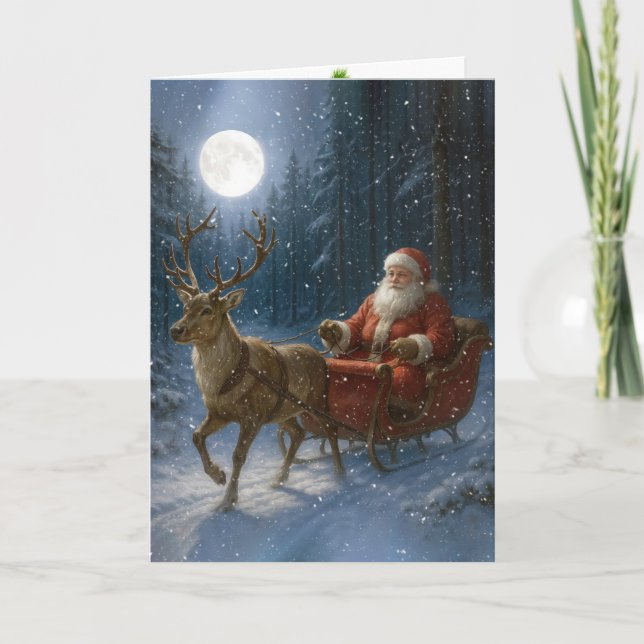 Santa Claus Driving a Sleigh In Moonlight Card (Front)