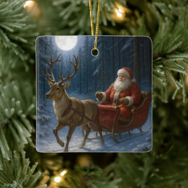 Santa Claus Driving a Sleigh In Moonlight Ceramic Ornament (Tree)