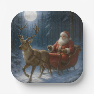 Santa Claus Driving a Sleigh In Moonlight Paper Plate