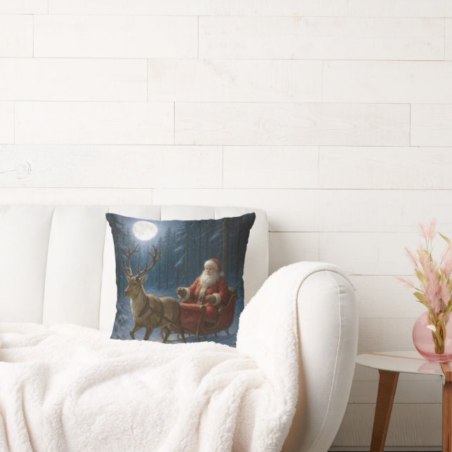 Santa Claus Driving a Sleigh In Moonlight Throw Pillow (Couch)