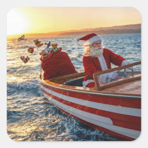 Santa Claus Driving a Speedboat Square Sticker