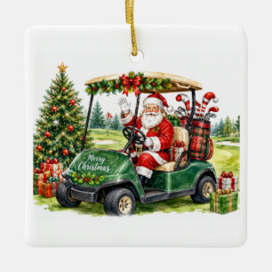 Santa Claus Driving Golf Cart Christmas Golf Ceramic Ornament