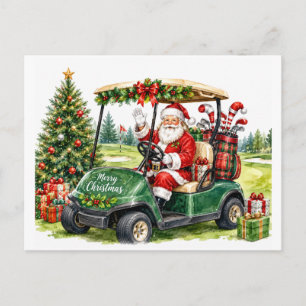 Santa Claus Driving Golf Cart Christmas Golf Postcard
