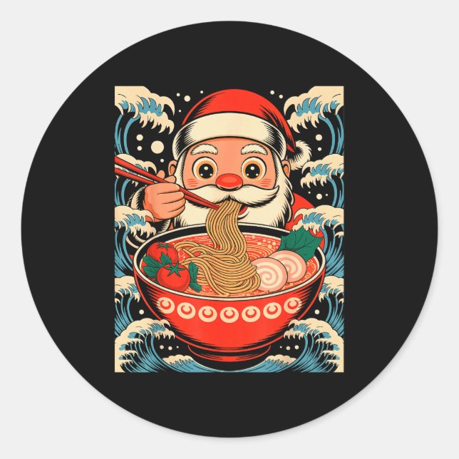 Santa Claus Eating Ramen Noodles Japanese Christma Classic Round Sticker (Front)