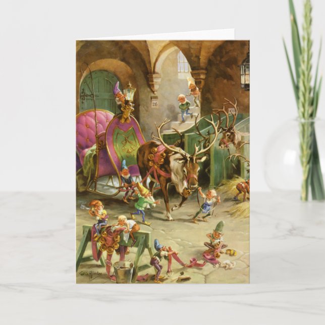 Santa Claus' Elves In HIs North Pole Workshop Holiday Card (Front)