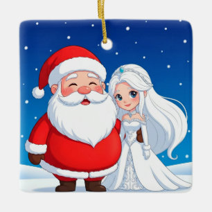 Santa Claus Embracing a Snow Queen Ceramic Ornament