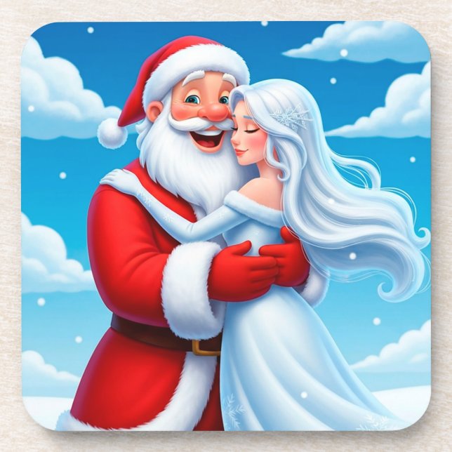 Santa Claus Embracing a Snow Queen Coaster (Front)