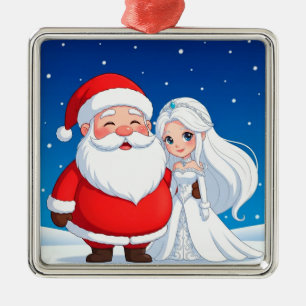 Santa Claus Embracing a Snow Queen Metal Ornament