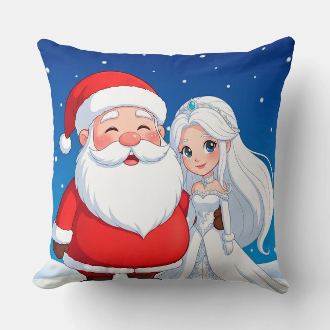 Santa Claus Embracing a Snow Queen Throw Pillow (Front)