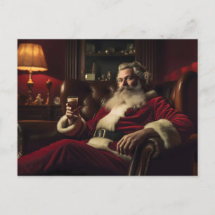 Santa Claus Enjoying a Festive Drink  Holiday Postcard