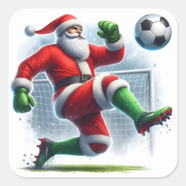 Santa Claus Enjoying a Game of Soccer in Winter Square Sticker (Front)