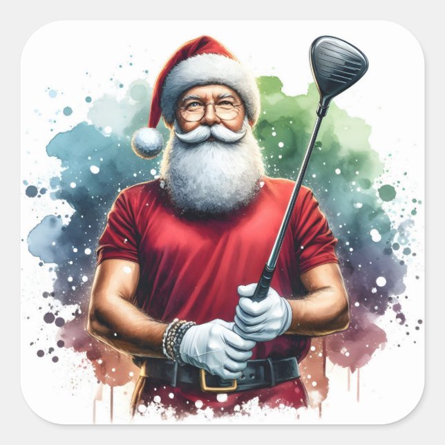 Santa Claus Enjoying a Round of Golf at Sunset Square Sticker (Front)