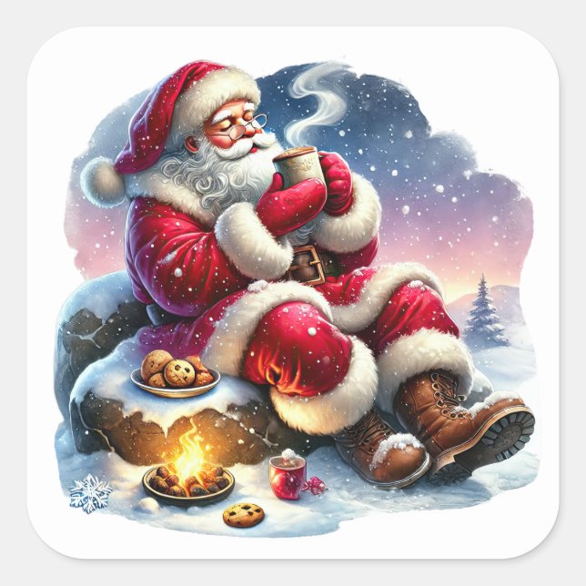 Santa Claus Enjoying a Warm Drink by the Fire Square Sticker (Front)