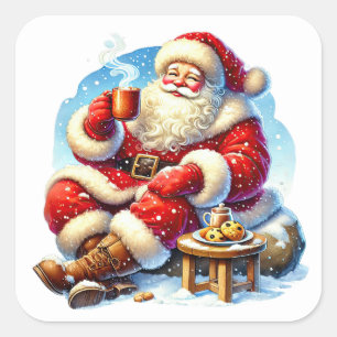 Santa Claus Enjoying Cookies and Warm Drink Square Sticker
