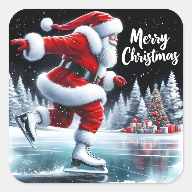 Santa Claus Enjoying Ice Skating on a Winter Pond Square Sticker (Front)