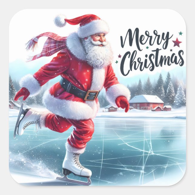 Santa Claus Enjoys Ice Skating on a Snowy Pond Square Sticker (Front)