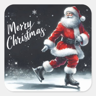Santa Claus Enjoys Ice Skating on a Winter Day Square Sticker