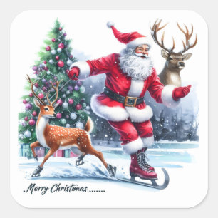 Santa Claus Enjoys Ice Skating With a Reindeer Square Sticker