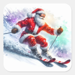 Santa Claus Enjoys Skiing Down a Snowy Mountain Square Sticker