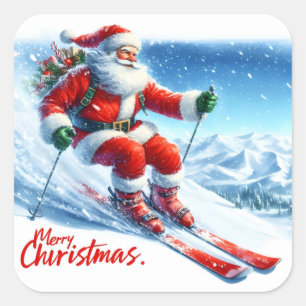Santa Claus Enjoys Skiing on Snowy Mountains Square Sticker