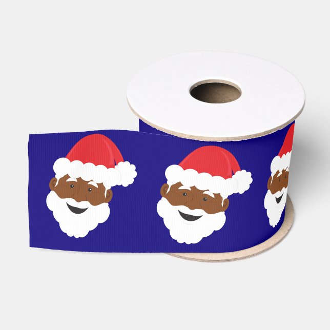 Santa Claus Face Blue Brown Skin Christmas Grosgrain Ribbon (Spool)
