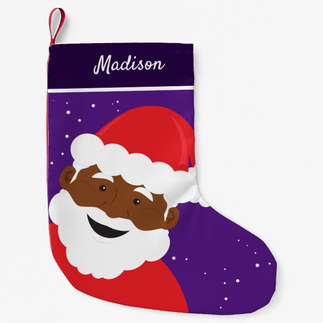 Santa Claus Face Purple Brown Skin Name Small Christmas Stocking (Front)