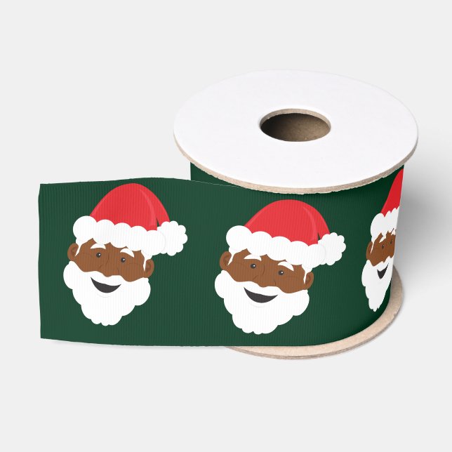 Santa Claus Face Red Green Brown Skin Christmas Grosgrain Ribbon (Spool)
