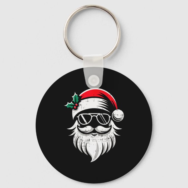 Santa Claus Face Sungles With Hat Beard Christmas  Keychain (Front)
