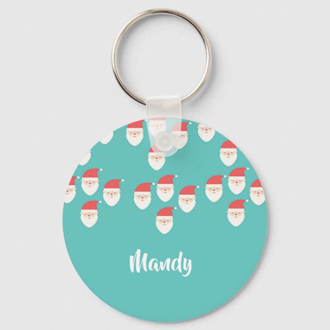 Santa Claus faces on blue Keychain (Front)