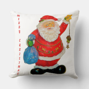 Santa Claus Father Christmas with Bag and Star Throw Pillow