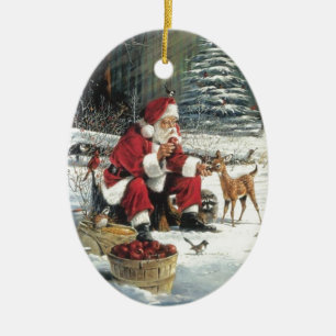 Santa Claus Feeding The Animals Ceramic Ornament