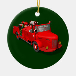 Santa Claus Fireman In Fire Truck Ceramic Ornament