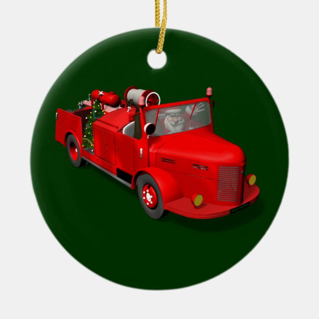 Santa Claus Fireman In Fire Truck Ceramic Ornament (Front)
