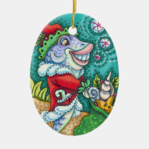 SANTA CLAUS FISH TALES, STARFISH, BAG OF SEASHELLS CERAMIC ORNAMENT