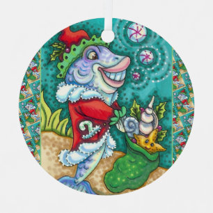 SANTA CLAUS FISH TALES, STARFISH, BAG OF SEASHELLS METAL ORNAMENT