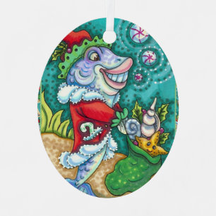 SANTA CLAUS FISH TALES, STARFISH, BAG OF SEASHELLS METAL ORNAMENT